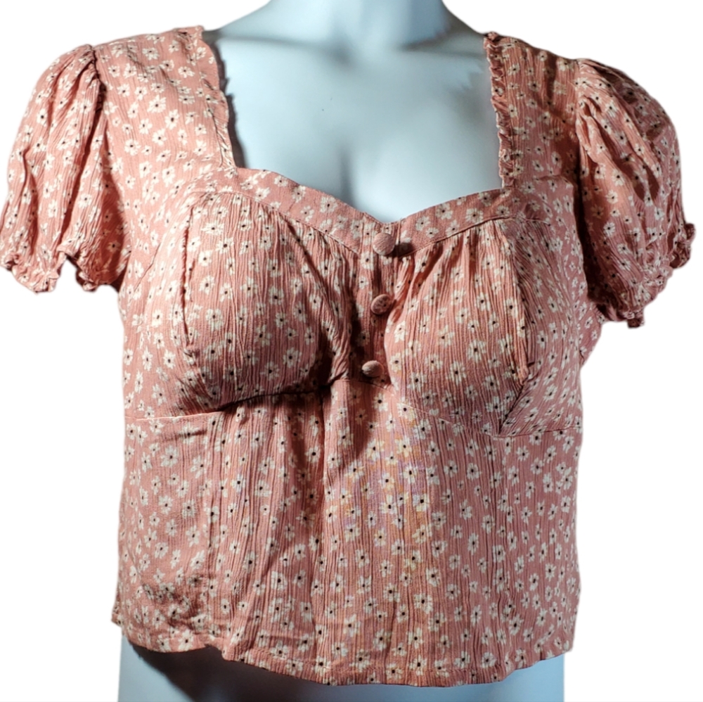 Adorable XL pinkish peach floral corset style baby doll blouse NWT